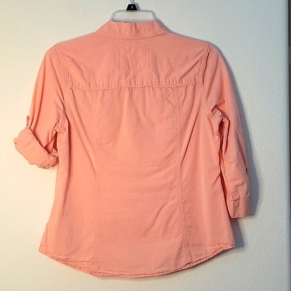 Sonoma 100% Cotton, Roll-Tab Button Down Shirt, Blouse, SP Petite, Peach, EUC - Picture 2 of 8